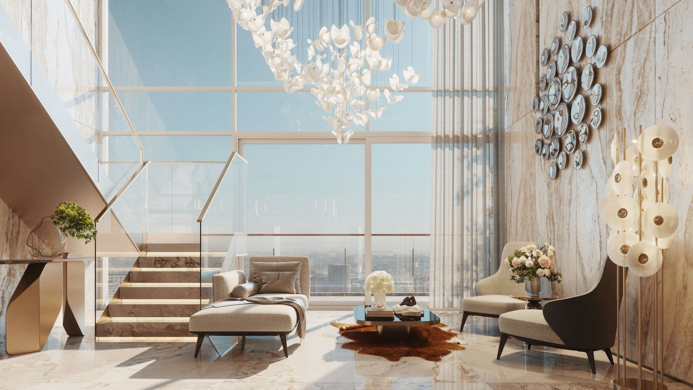 Two-story living room with a glass wall, floating stair and sculptural chandelier