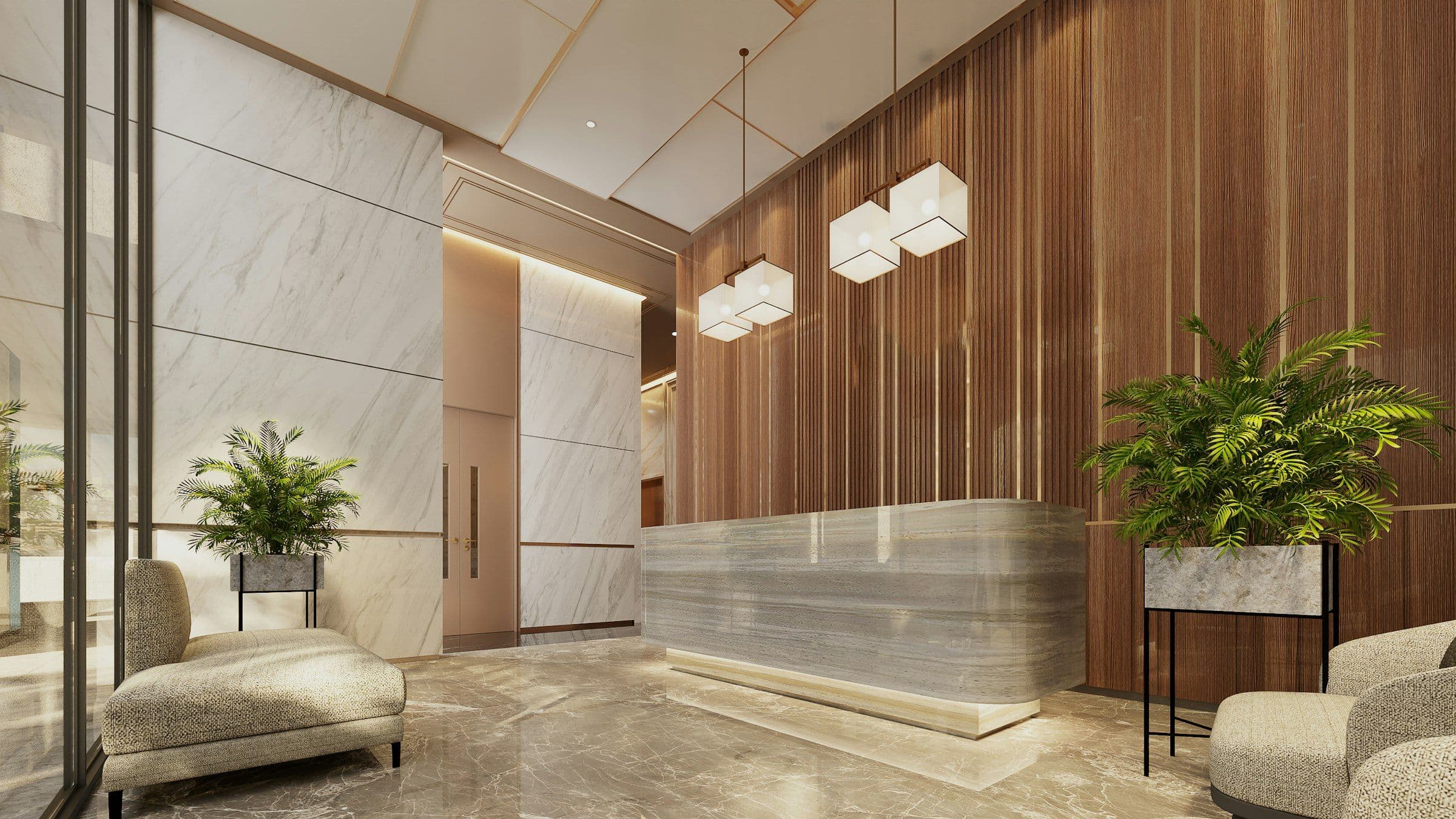 Marble and wood-slat lobby of a luxury commercial building