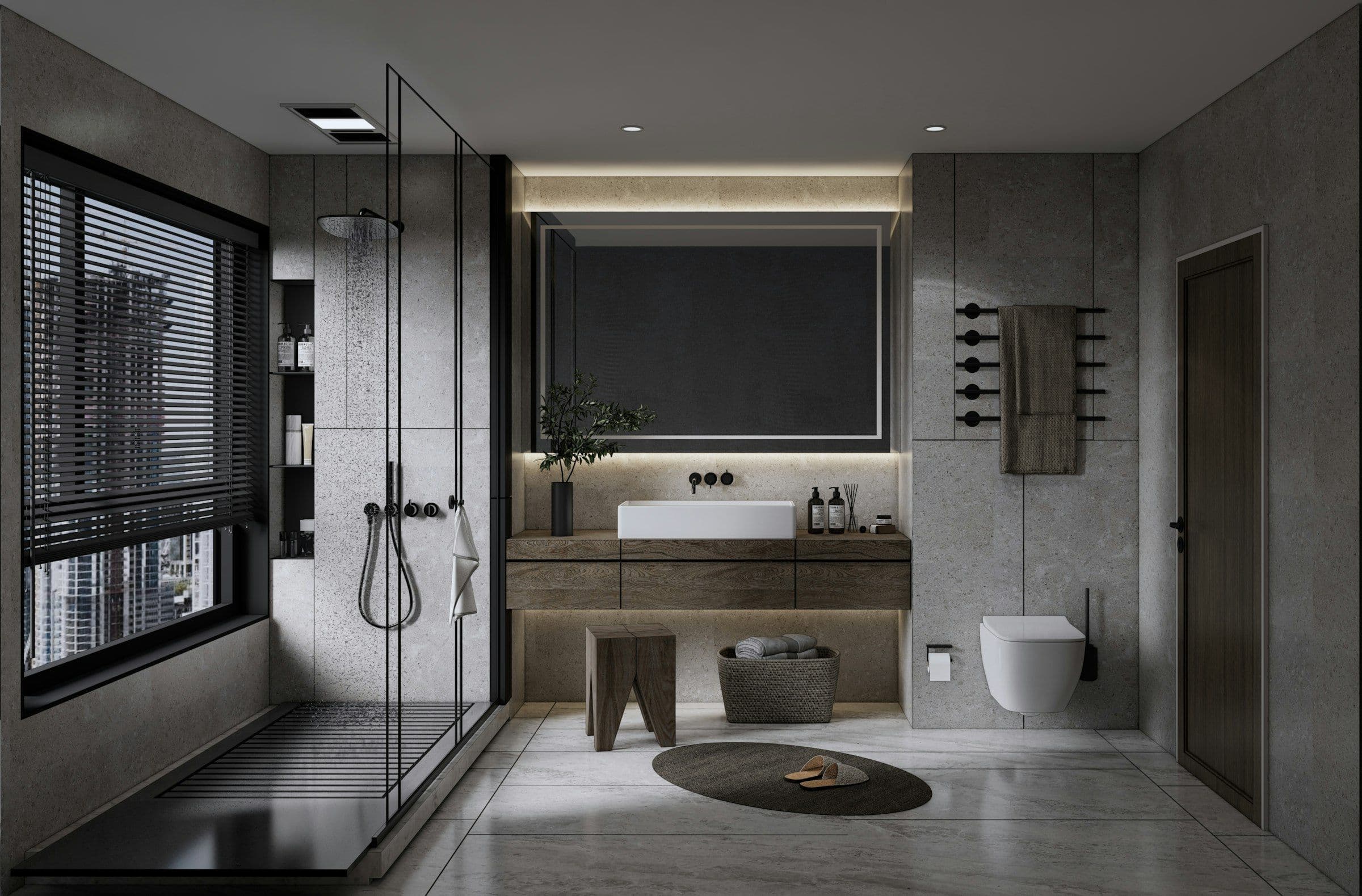 Dark spa bathroom with a glass shower and backlit mirror