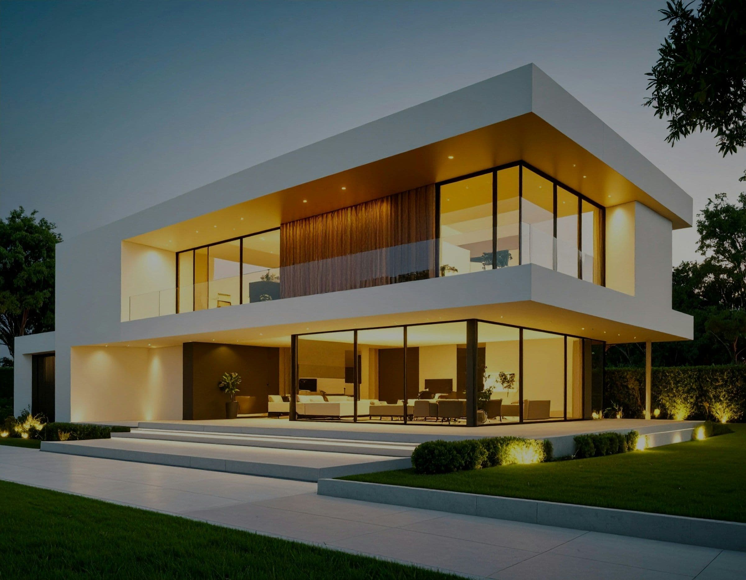 Cantilevered white and glass contemporary home lit up at dusk