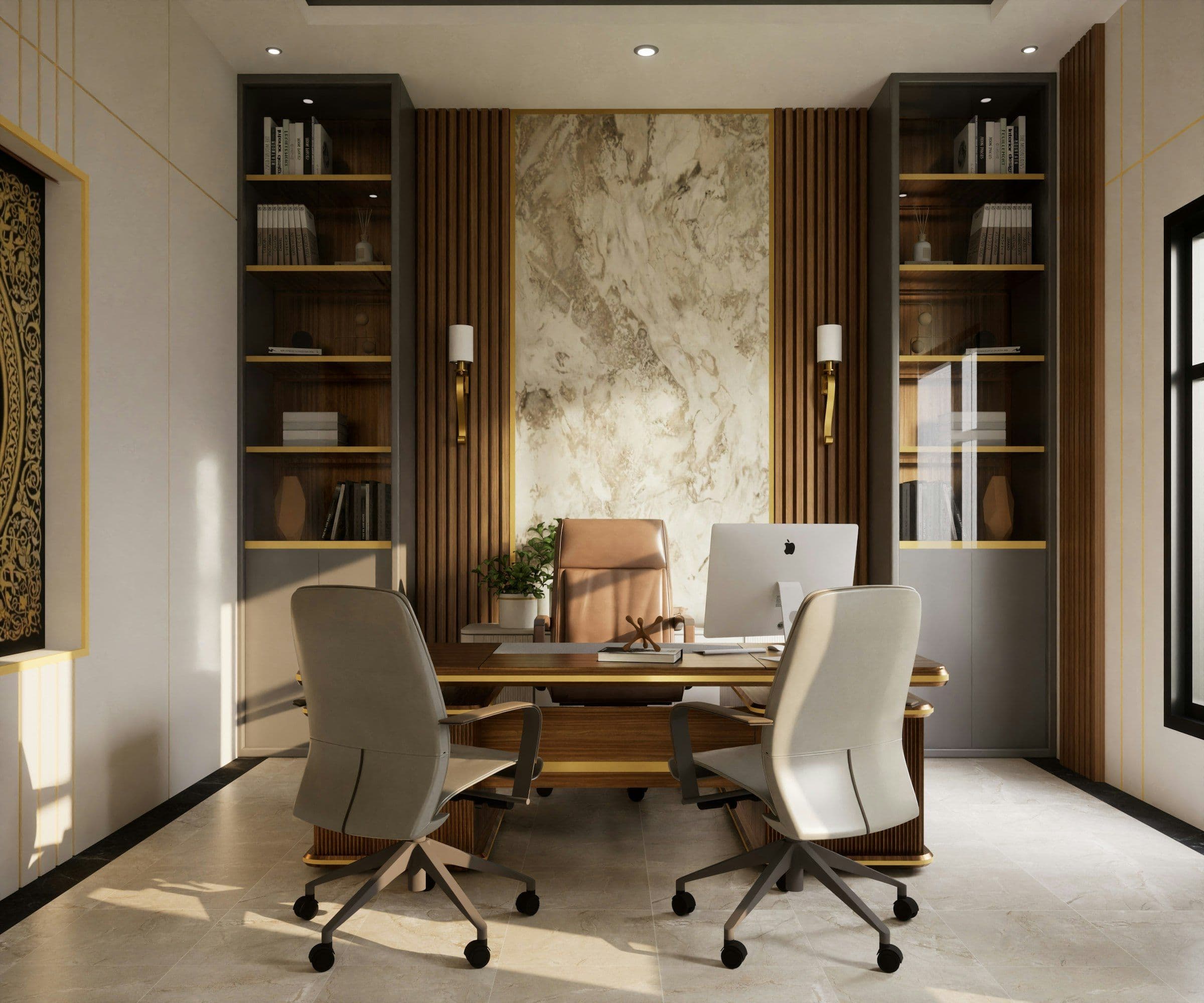 Home office with a marble feature wall and lit bookshelves