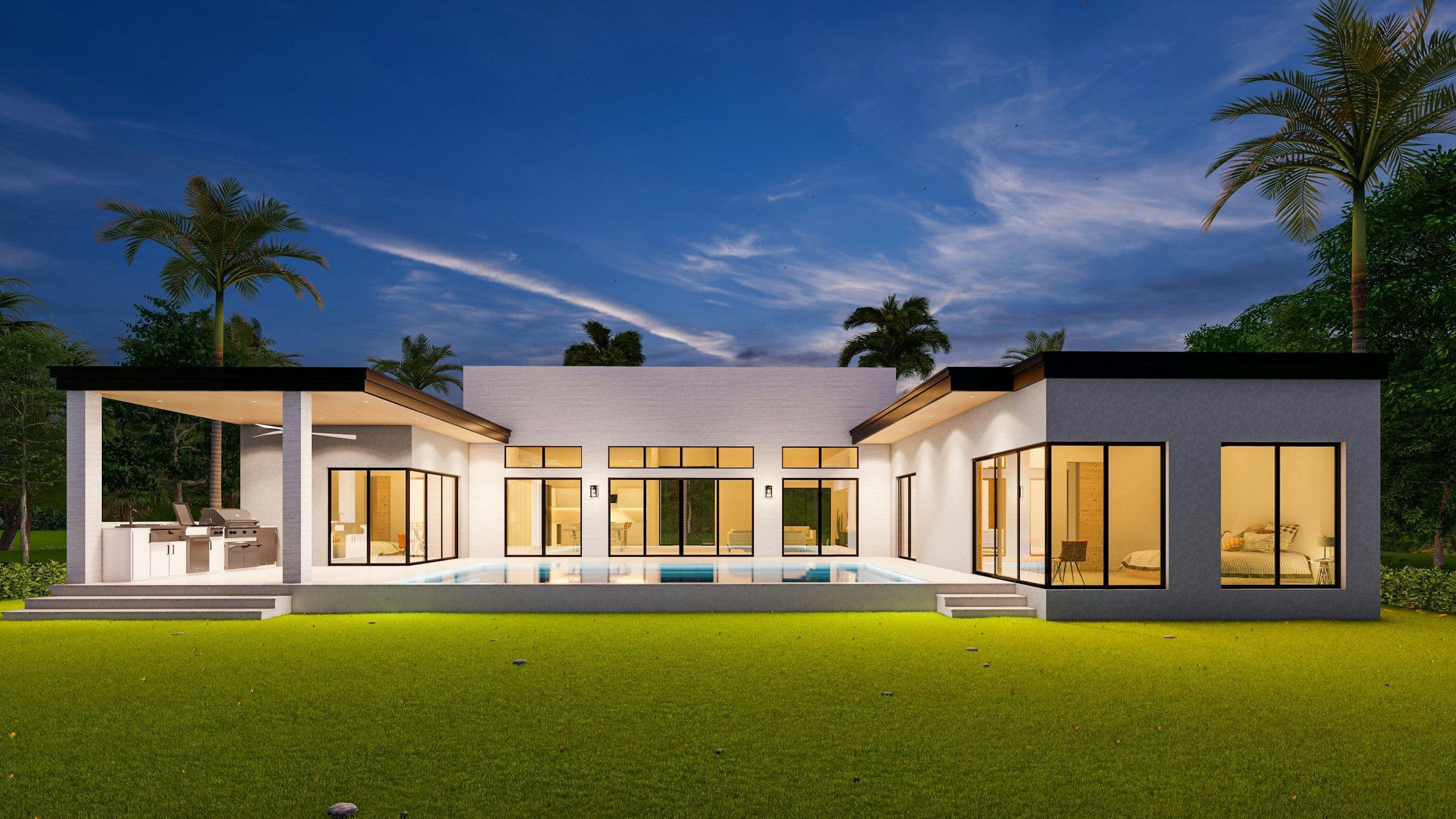 Single-story contemporary home with a covered lanai and lit pool at twilight