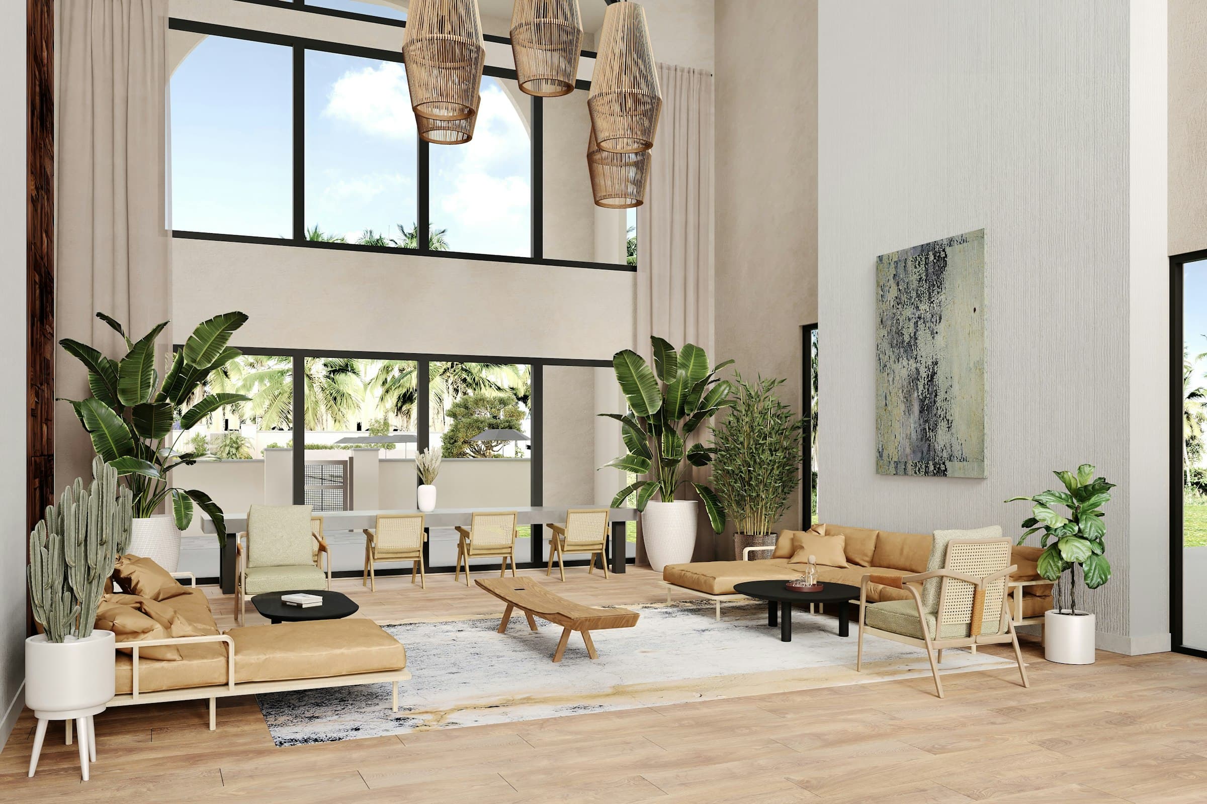 Double-height living room with tall windows and designer furniture