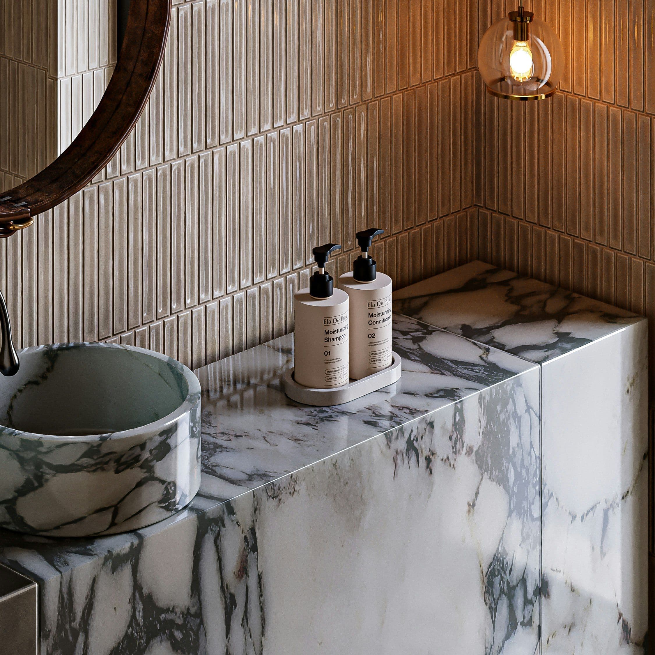 Marble vessel sink and vanity with designer fixtures