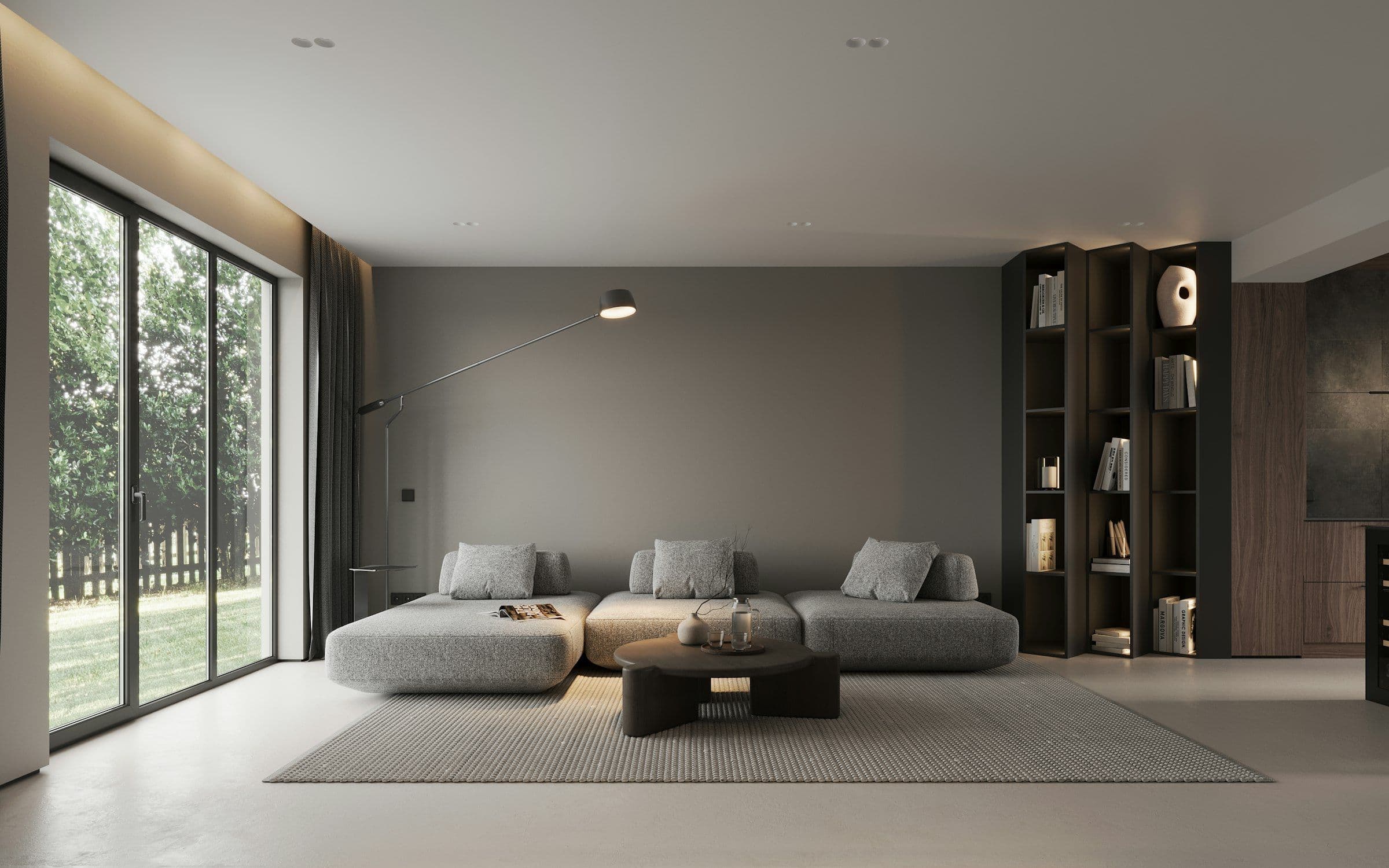Charcoal contemporary living room with full-height sliding glass