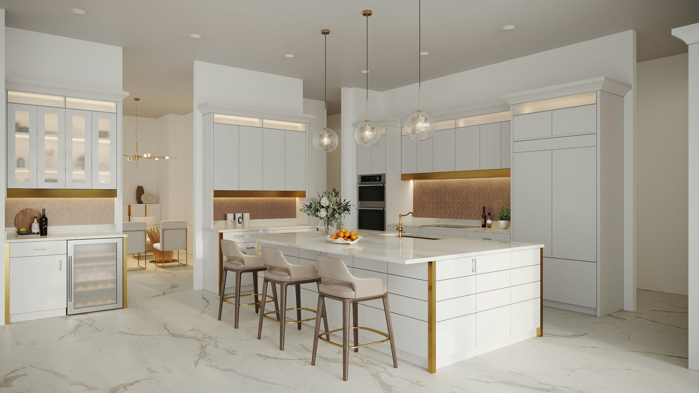 White Florida kitchen with marble floors and brass-trimmed island