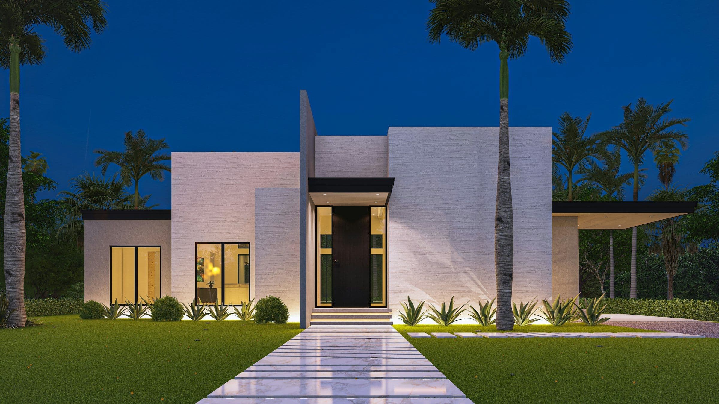Modern white facade with a black glass entry door and palms at night