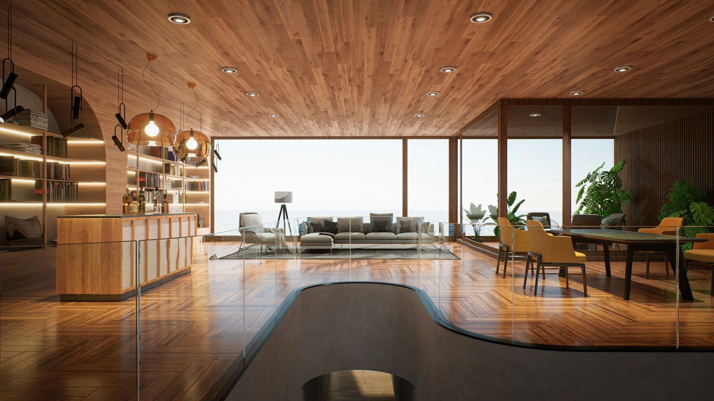 Open-plan living space with a wood ceiling and floor-to-ceiling ocean views