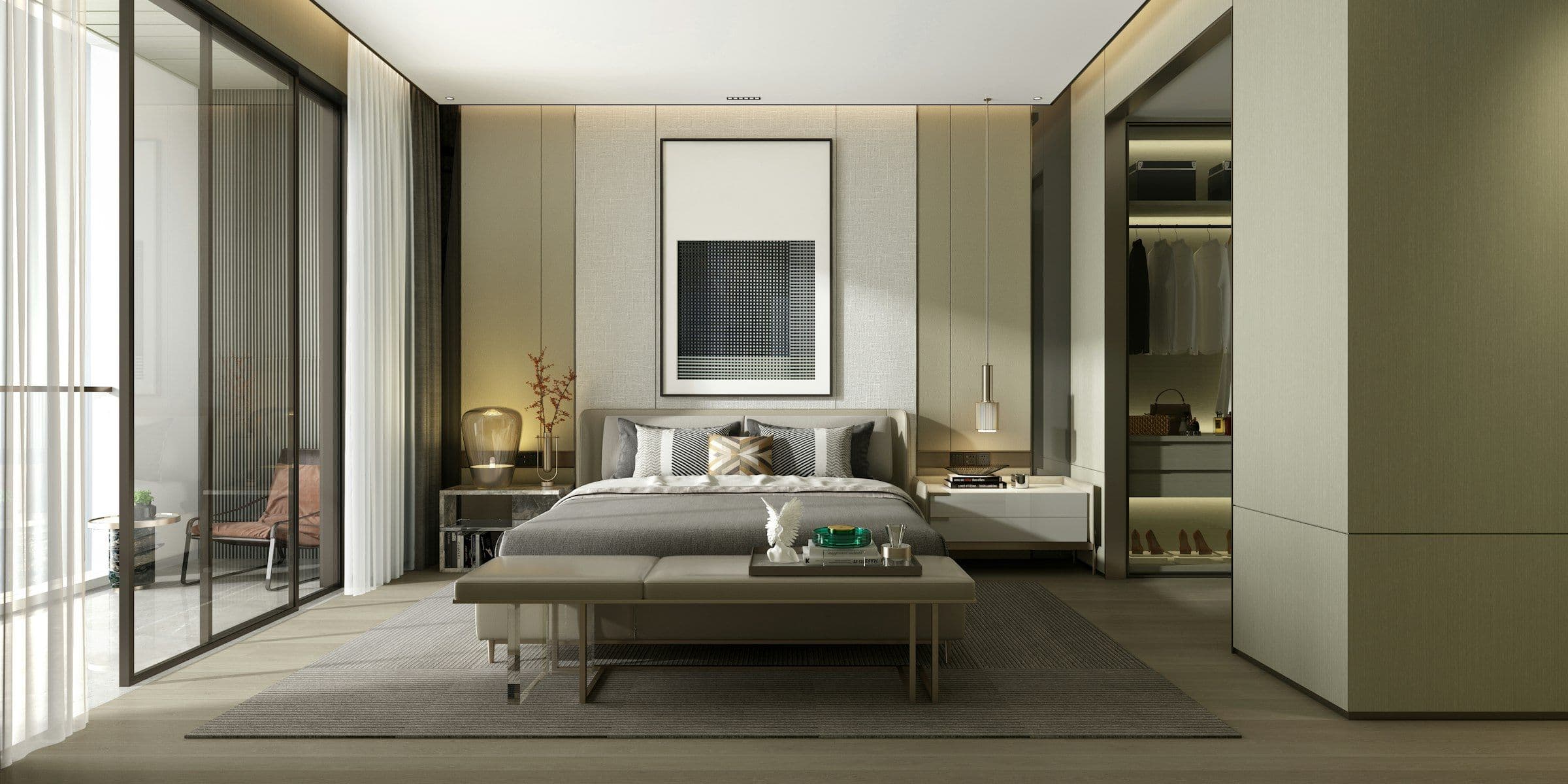 Contemporary primary suite with a glass walk-in wardrobe