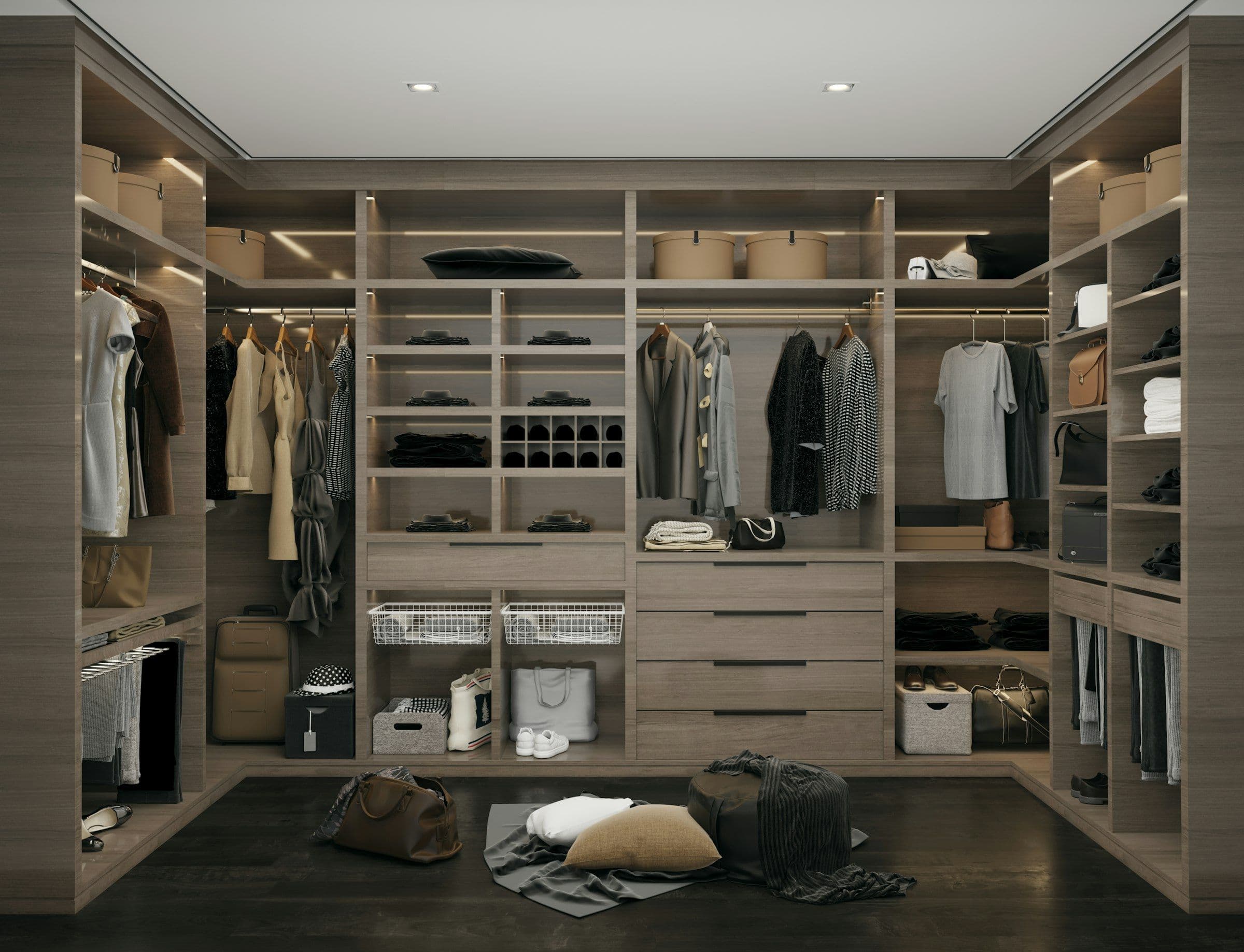 Walk-in closet with lit built-in shelving