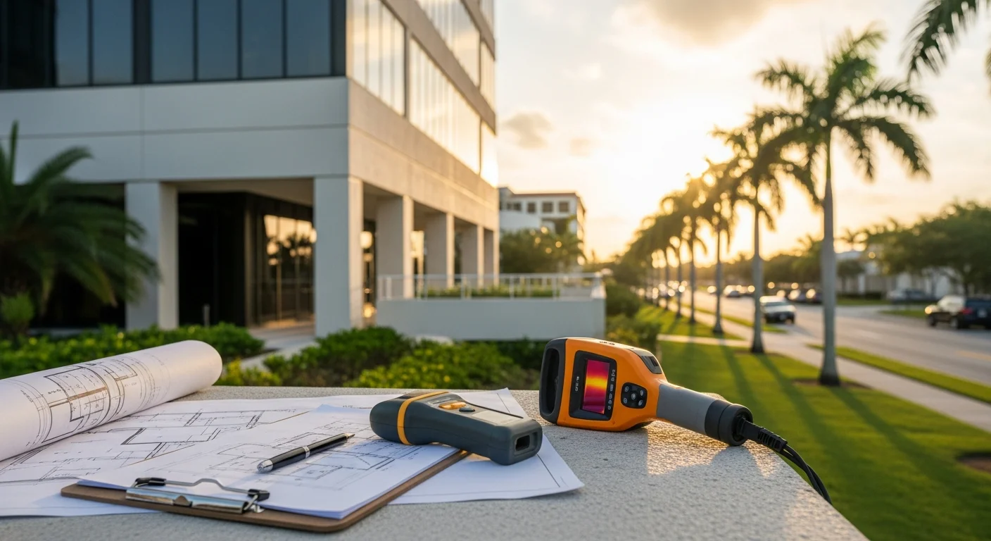 Commercial property inspector evaluating office building systems