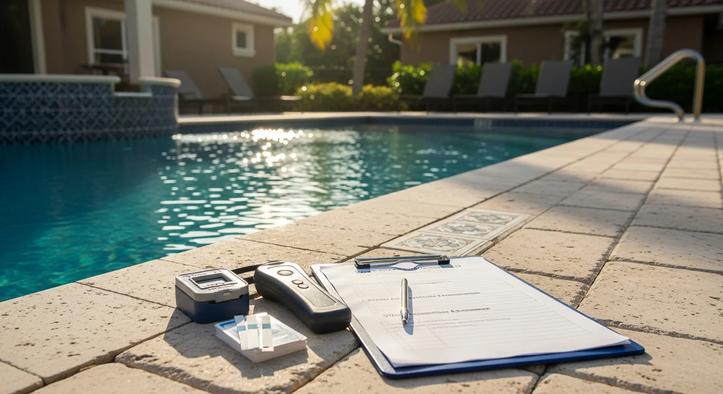 Pool inspector examining residential swimming pool equipment