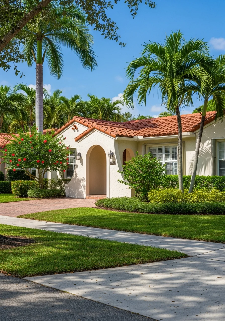 Fort Lauderdale home exterior with typical South Florida architecture and landscaping in natural daylight.