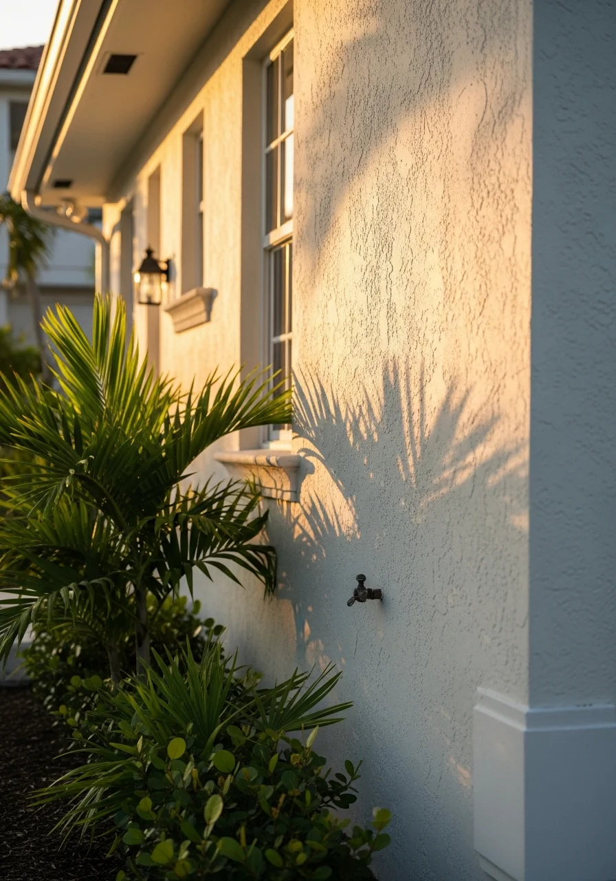 Close-up of a Miami-Dade residential home with tropical landscaping and salt-resistant finishes in afternoon sunlight.