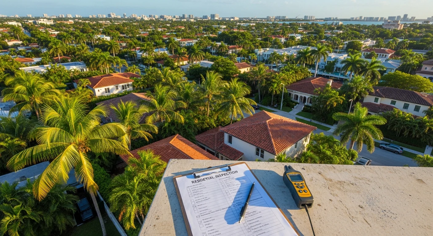 Aerial view of Miami-Dade County showing dense residential neighborhoods, waterfront properties, and palm-lined streets under blue sky.