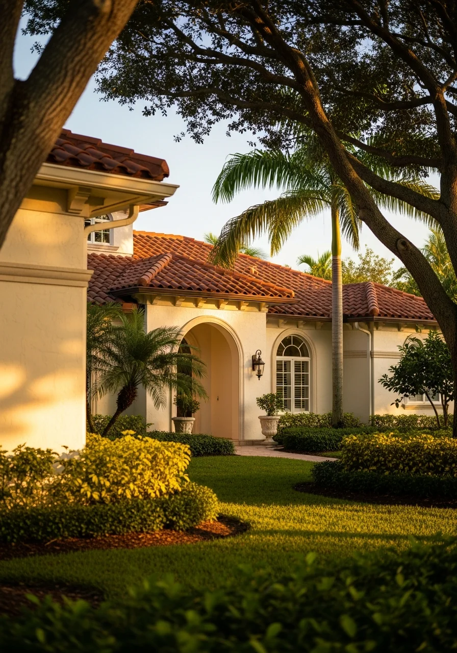 Palm Beach County residential property featuring classic architecture and well-maintained exterior in warm afternoon light.