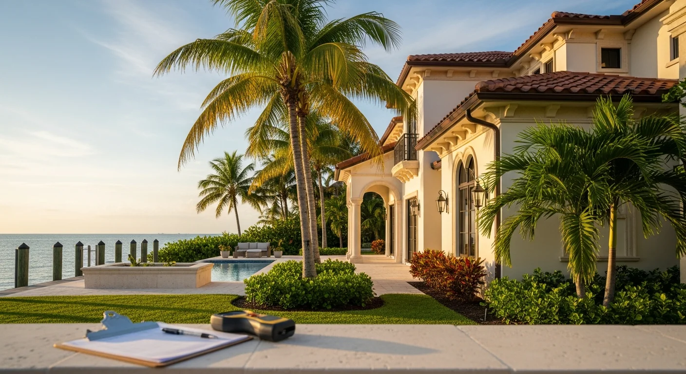 Palm Beach County waterfront community with elegant homes, manicured landscaping, and palm trees against bright Florida sky.