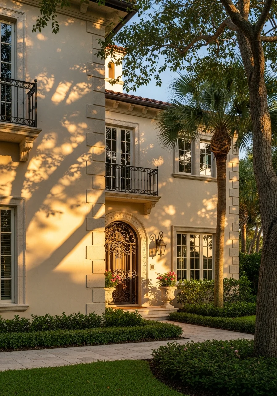 Palm Beach historic home exterior featuring refined architectural details and well-maintained property in warm afternoon light.