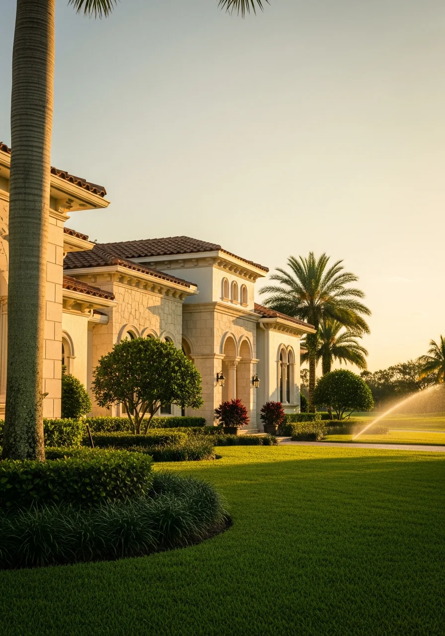 Luxury homes in Palm Beach Gardens neighborhood with manicured landscaping and golf course views