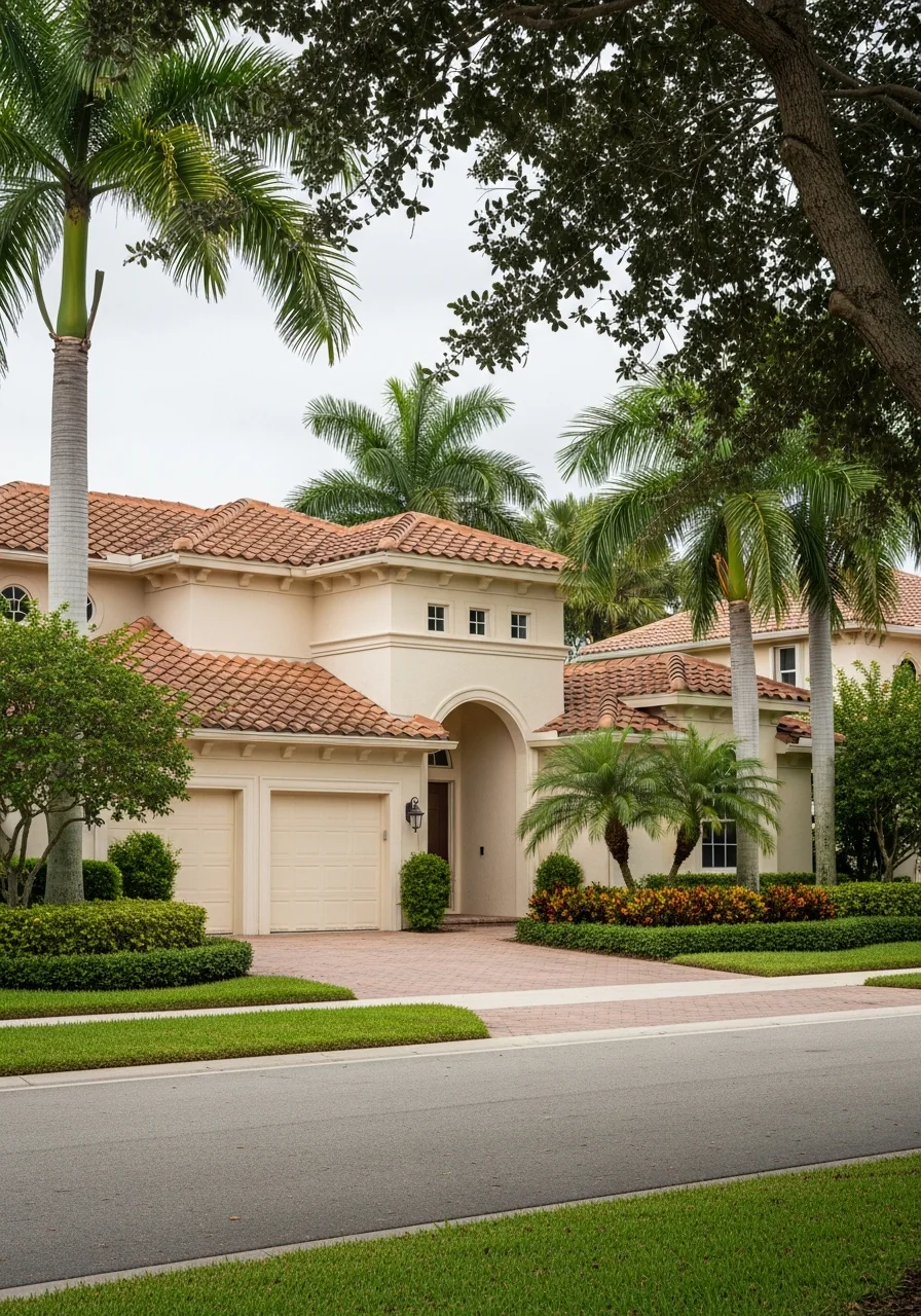 Wellington home exterior with typical South Florida suburban architecture and landscaping in natural daylight.