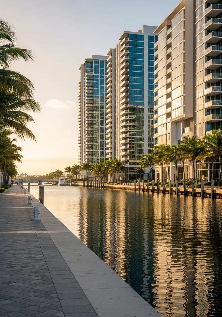 Downtown West Palm Beach waterfront with Intracoastal Waterway and modern buildings reflecting in water