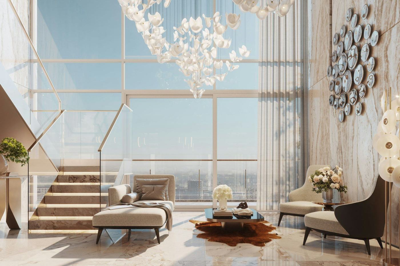 Two-story living room with a glass wall, floating stair and sculptural chandelier