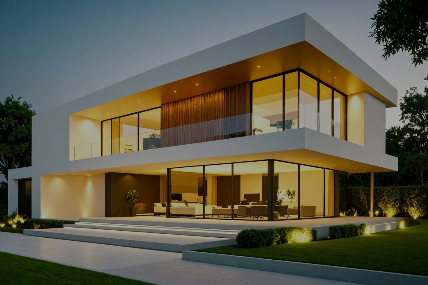 Contemporary home with large glass openings at dusk