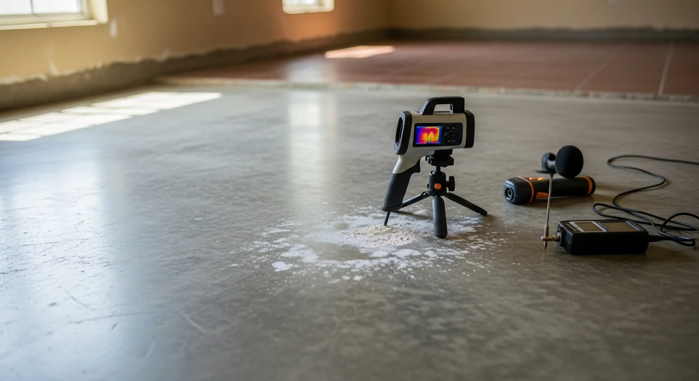 A home inspector using acoustic detection equipment on a concrete slab floor inside a Miami-Dade County residence to locate a hidden foundation leak. The inspector kneels near a damp spot on the tile, with a thermal imaging camera resting nearby.