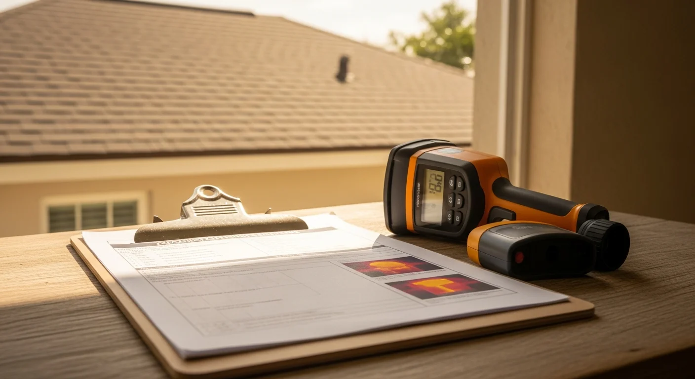 A licensed home inspector reviewing a detailed inspection report on a clipboard outside a single-family home in Miami-Dade County, Florida. The report shows annotated photos of the roof and electrical panel findings from the property walkthrough.