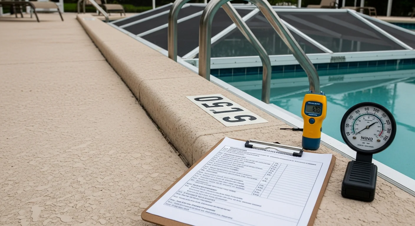 A pool inspector from Affordable Home Inspections examining a residential pool barrier and gate latch at a Miami-Dade County home ahead of hurricane season. The image shows a screened pool enclosure, deck surface, and pool equipment pad under South Florida's open sky.