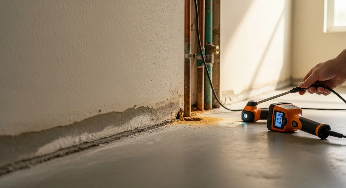 A water damage restoration technician using a thermal imaging camera to scan the interior wall of a Miami-Dade County home for hidden pipe leaks. Moisture readings are visible on the device screen near a discolored section of drywall.