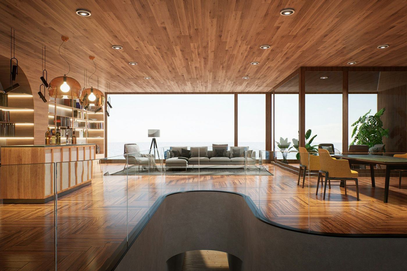Open-plan living space with a wood ceiling and floor-to-ceiling ocean views