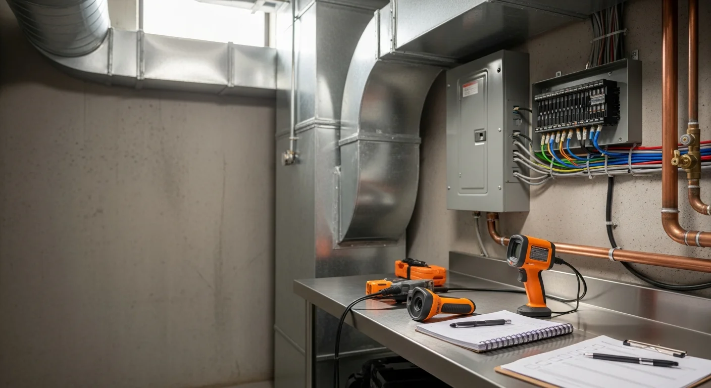 A commercial inspector reviewing electrical panels and structural components inside an office building in Miami-Dade County. The inspector documents findings on a clipboard as part of a full commercial office building inspection.