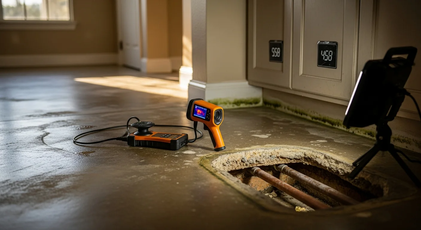 A leak detection technician using acoustic listening equipment on a concrete slab floor inside a single-family home in Miami-Dade County. The image shows the non-invasive inspection process used to locate a hidden plumbing leak beneath the foundation.