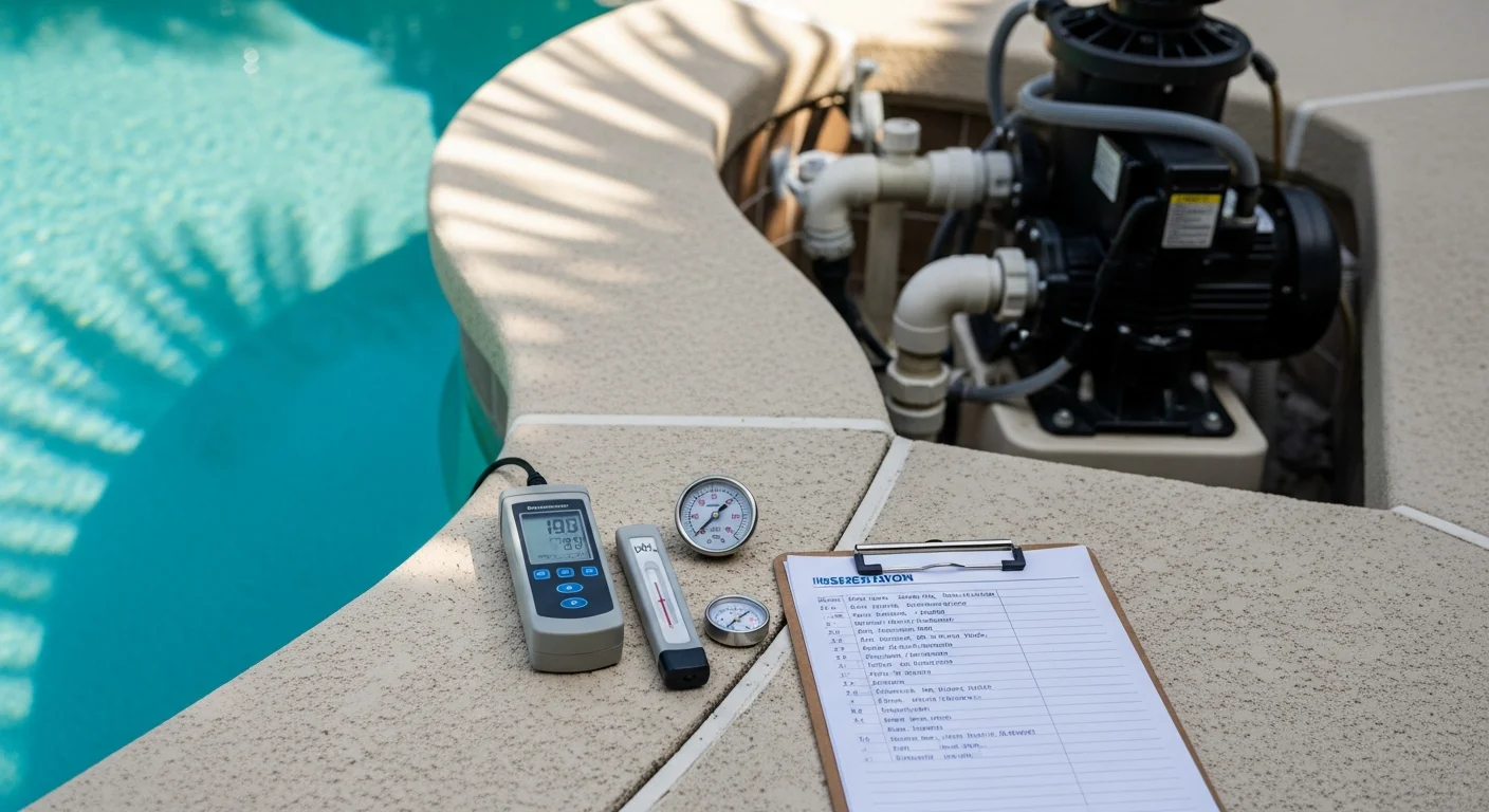 A pool inspector examining the pump and filter equipment pad at a residential property in Miami-Dade County. The inspector reviews mechanical components beside a screened pool enclosure under bright Florida sunlight.