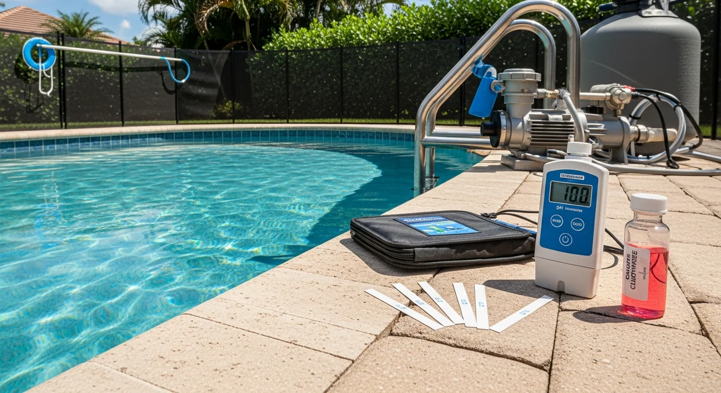 A pool inspector from Affordable Home Inspections examining pool equipment and safety barrier at a residential property in Miami-Dade County. The inspector reviews the pump system and gate latch on a sunny South Florida day.