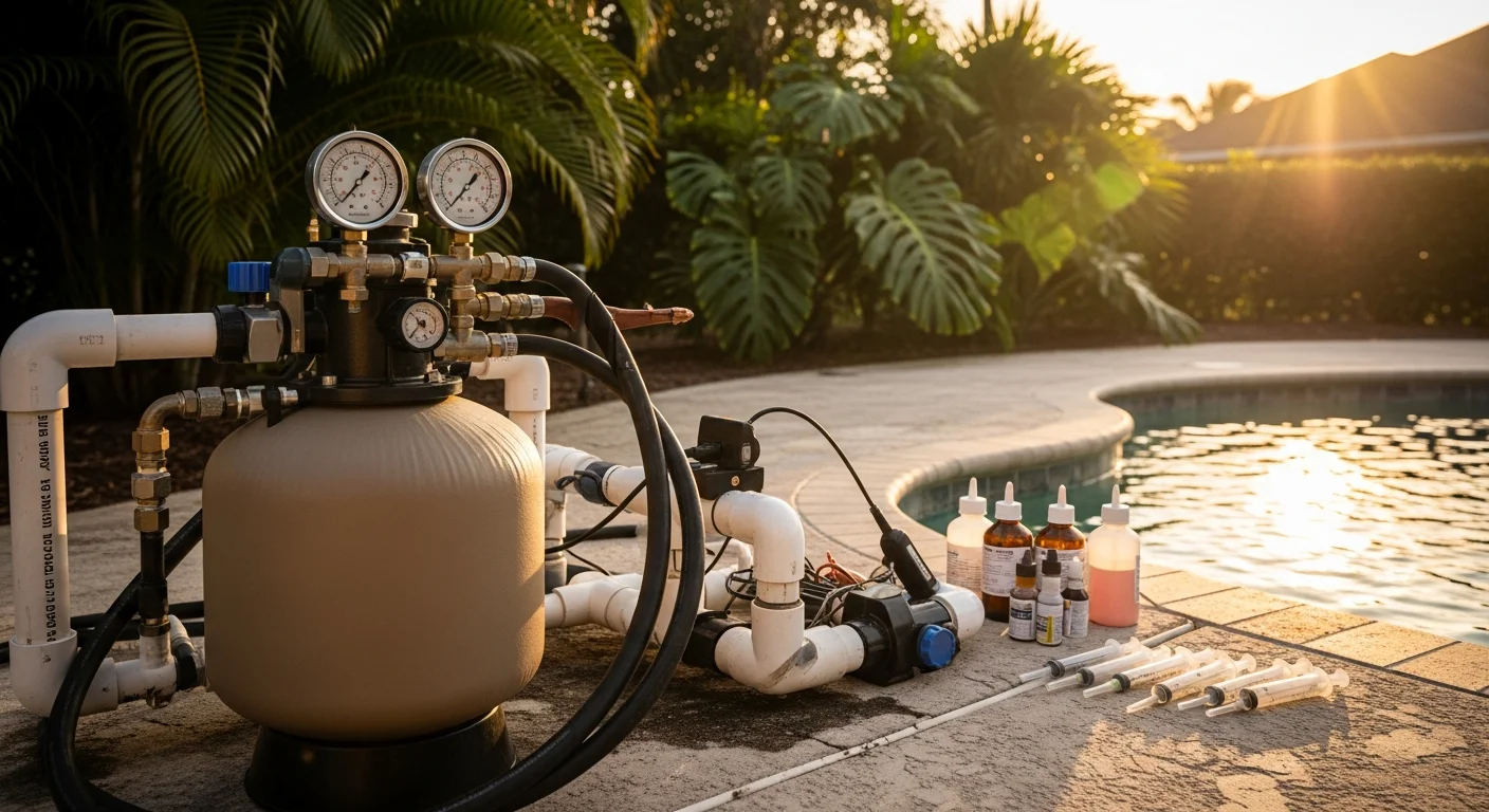 A Miami-Dade County residential pool being inspected for leaks, with a technician using pressure testing equipment at the equipment pad beside a concrete pool deck. Close-up view shows dye testing near a skimmer fitting on a full pool in a South Florida backyard.