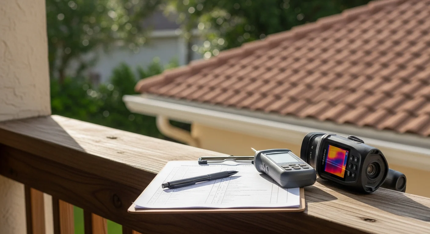 A home inspector examining the roof and exterior of a single-family home in Miami-Dade County during a pre-purchase inspection. The inspector holds a clipboard and reviews visible roofing materials and structural components in a South Florida residential setting.