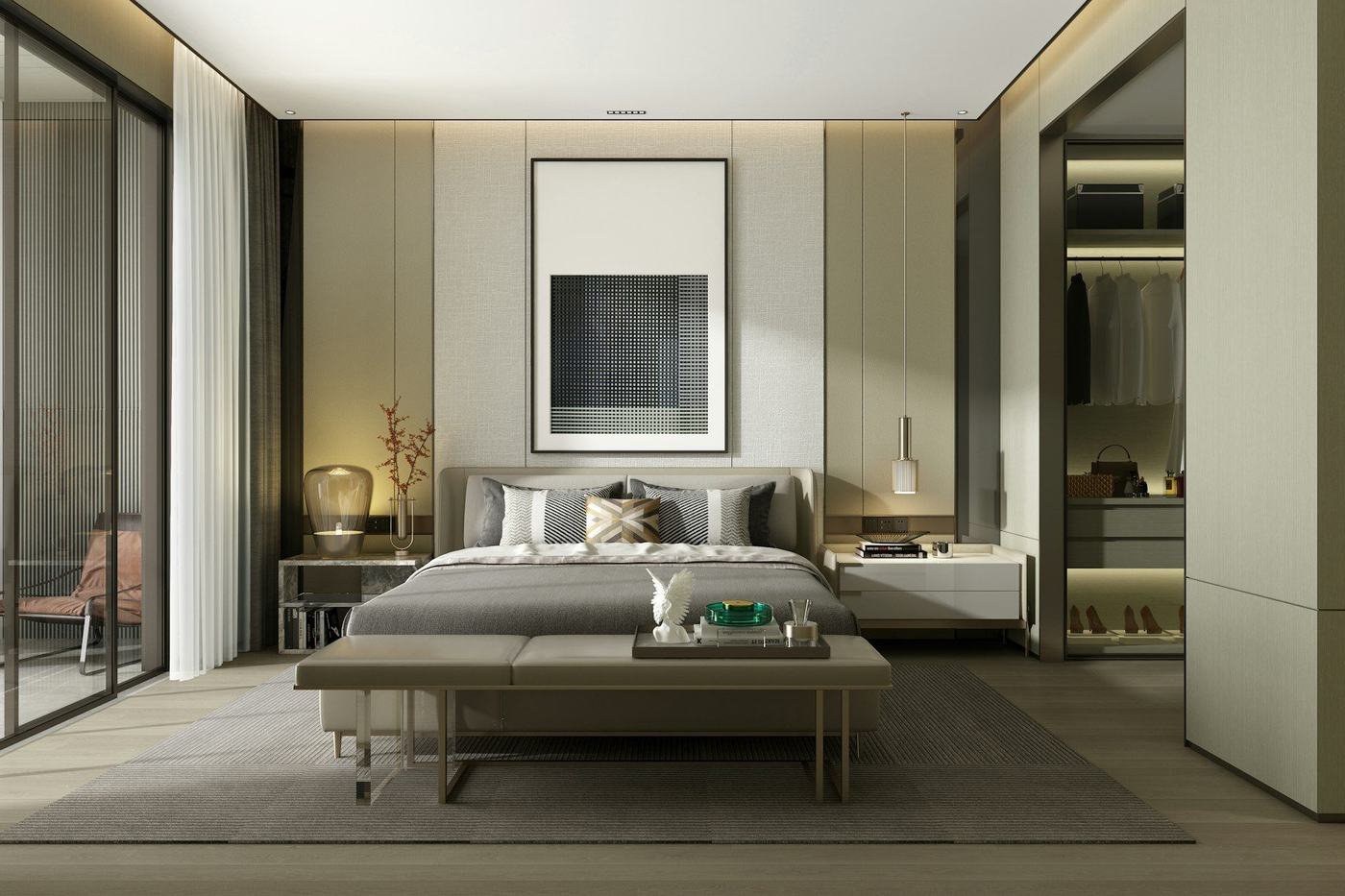 Primary suite with wood wall panels and built-in wardrobes