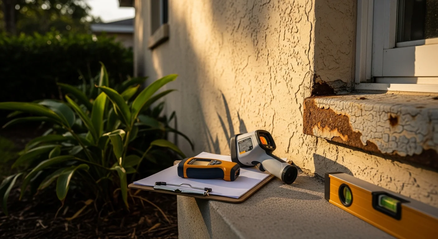 A licensed home inspector from Affordable Home Inspections examining the roof and exterior wall connections of a single-family property in Miami-Dade County. The inspector is documenting visible wear and moisture-related damage on a sun-exposed stucco facade.