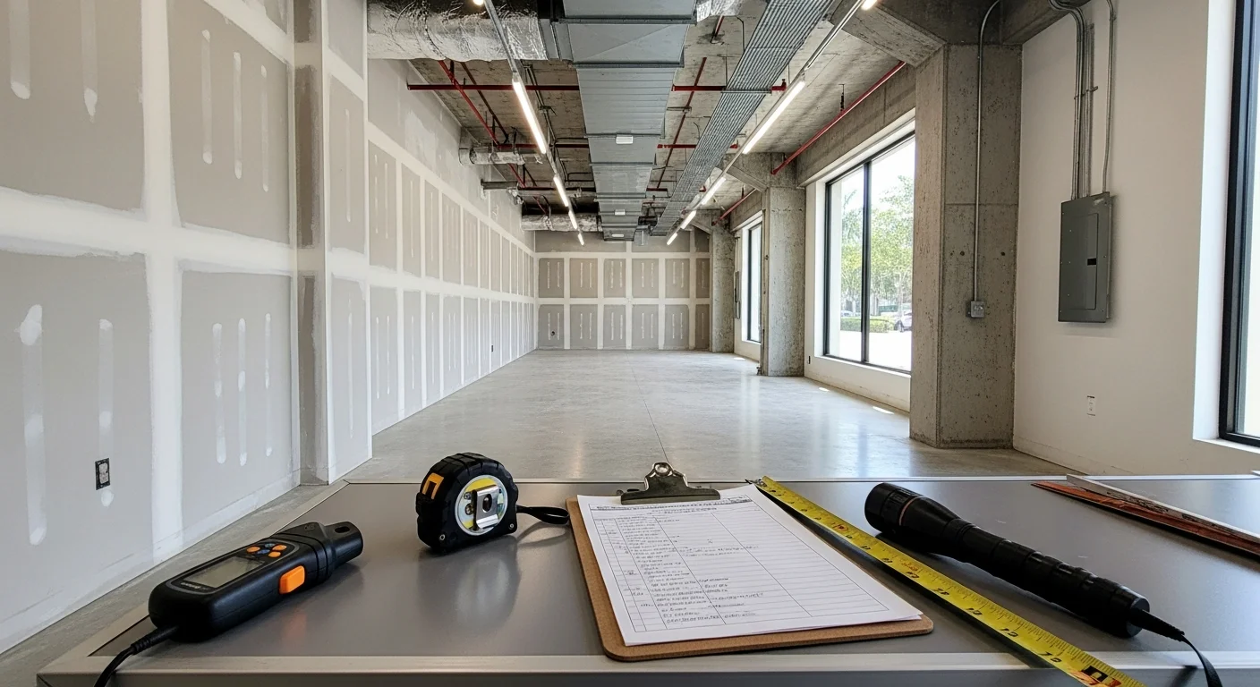A commercial inspector examining the electrical panel and ceiling systems inside a vacant retail space in Miami-Dade County. The inspector holds a clipboard and documents findings in a well-lit storefront unit.
