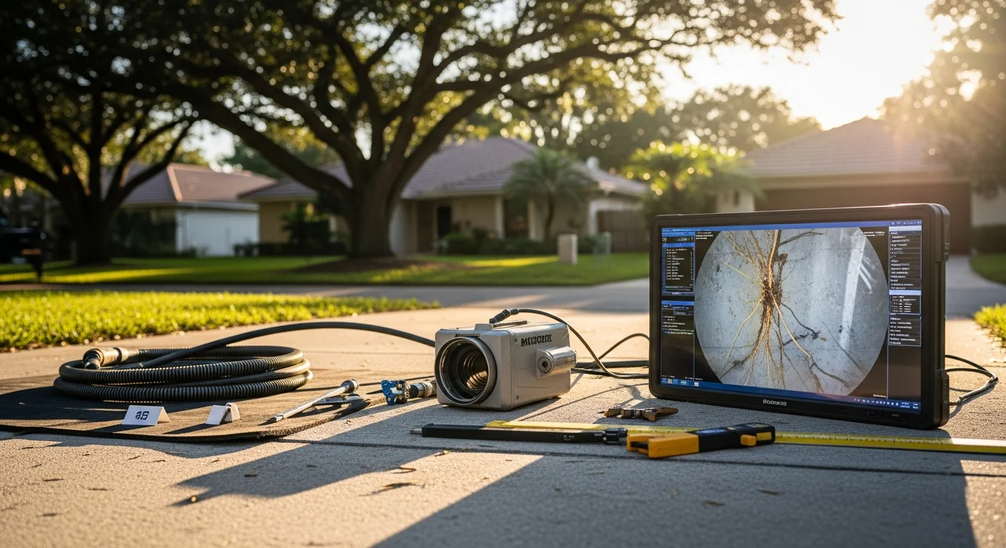 A sewer inspection camera being inserted into a residential cleanout access point at a single-family home in Miami-Dade County. The monitor displays live footage of the interior of an aging pipe showing early signs of corrosion.
