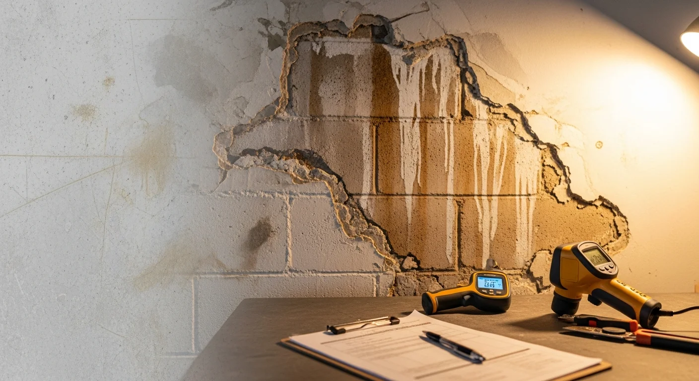 A home inspector using a moisture meter on a water-stained interior wall inside a Miami-Dade County residence after storm flooding. The reading shows elevated moisture levels inside the concrete-block wall assembly.