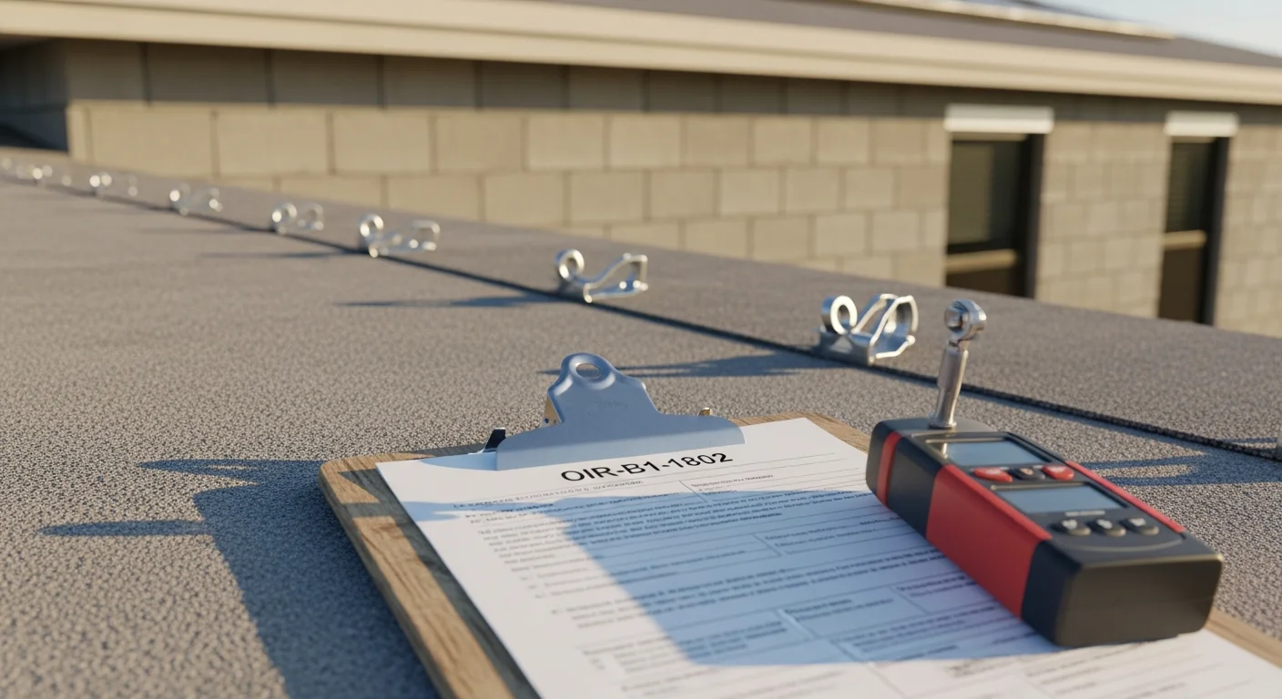 A certified inspector examining roof-to-wall strap connections in the attic of a single-family home in Miami-Dade County during a wind mitigation inspection. The inspector documents fastener spacing and decking type on the state OIR-B1-1802 form.